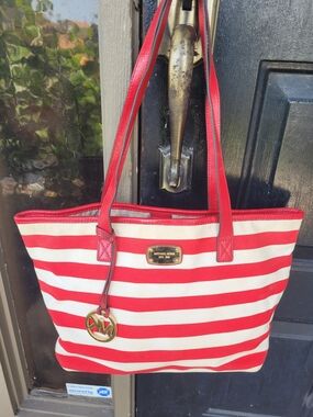 Michael Kors Red and White Striped Tote Bag